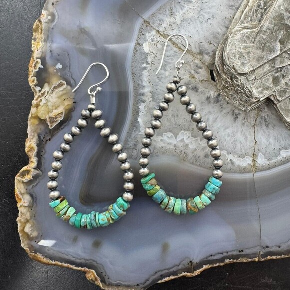 Sterling 4mm Navajo Pearl Southwester Style & 6mm Turquoise Bead Hoop Earrings - Picture 2 of 10